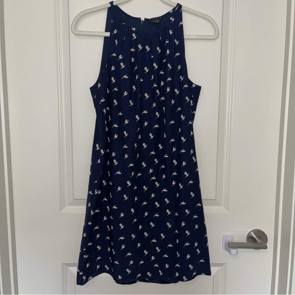 Theory Navy 100% Silk Dress with White Crane Bird Design